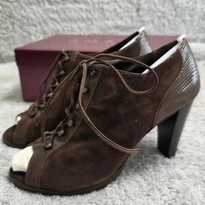 NEW Amalfi Rangoni Women Brown Italian Suede Leather Lace Up Peep Toe Heels 7.5N